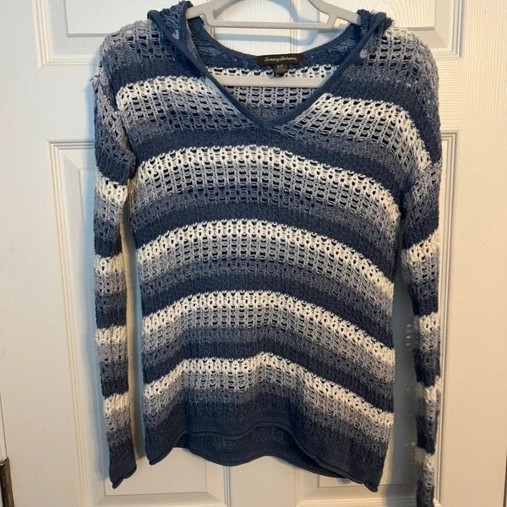 Tommy Bahama Blue & White Striped Open-Knit V-Neck Hoodie Sweater - Picture 1 of 5